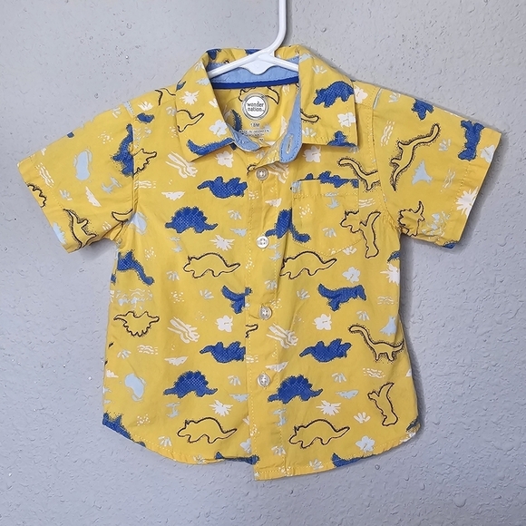 Wonder Nation Shirt Toddler Baby Boy 18M Yellow Blue Dinosaur Button Down Shirt - Picture 1 of 7